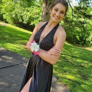 Sherri Hill black halter top prom dress